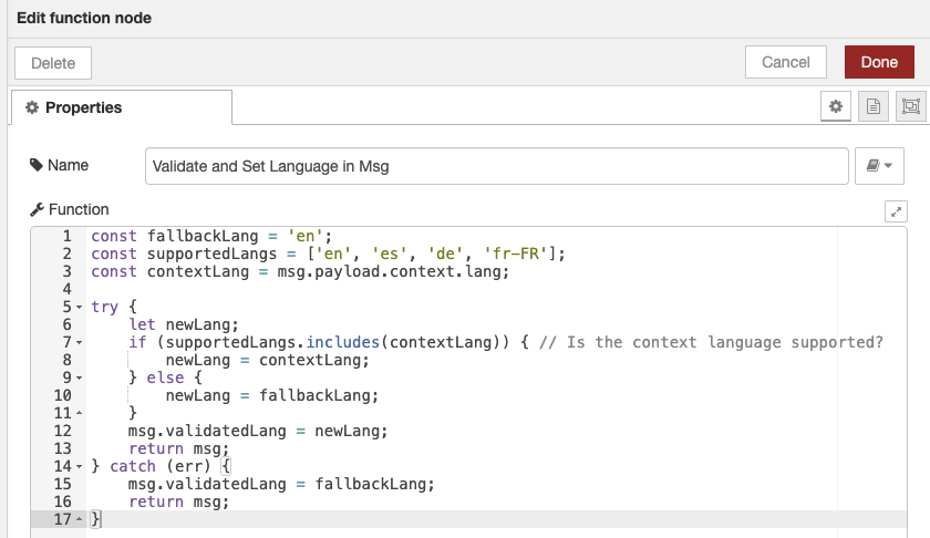 Detect Language Flow Function Node