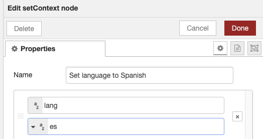 Setting language to Spanish using the setContext node