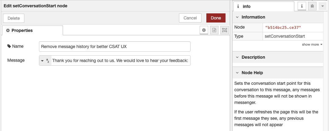 Configuration for the setConversationStart node