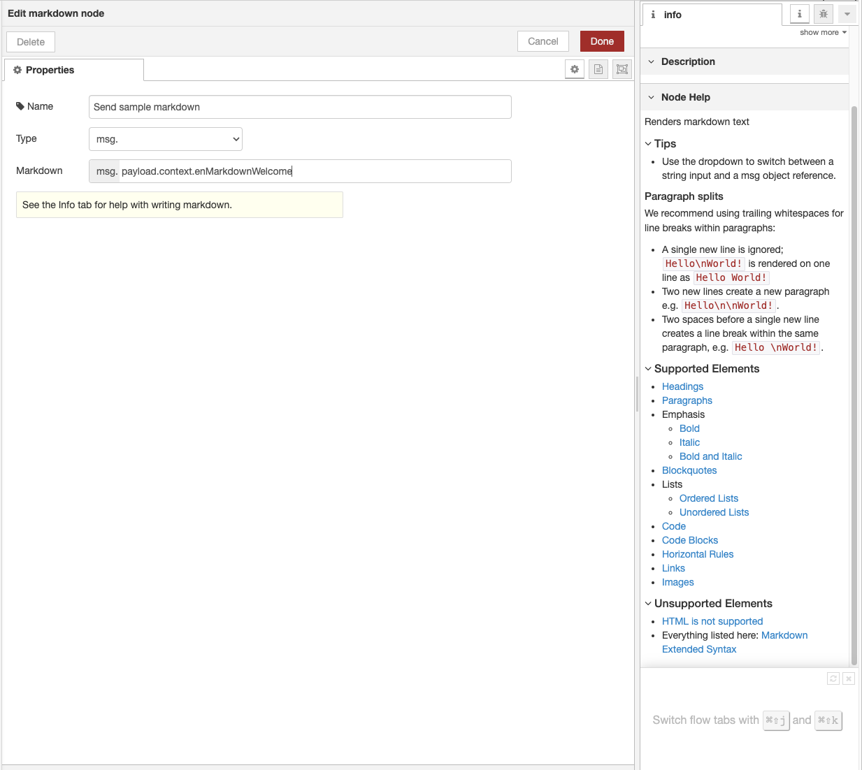 Markdown node using msg object