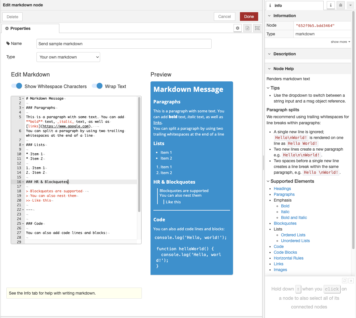 Markdown node using provided string