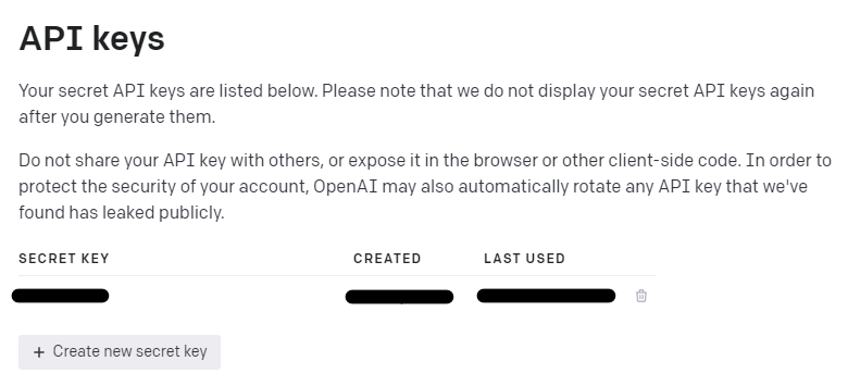OpenAI API key page